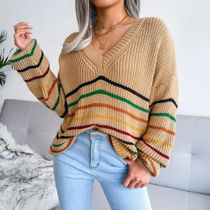 Heidi-Mode | Casual Gestreifte V-Ausschnitt Pullover