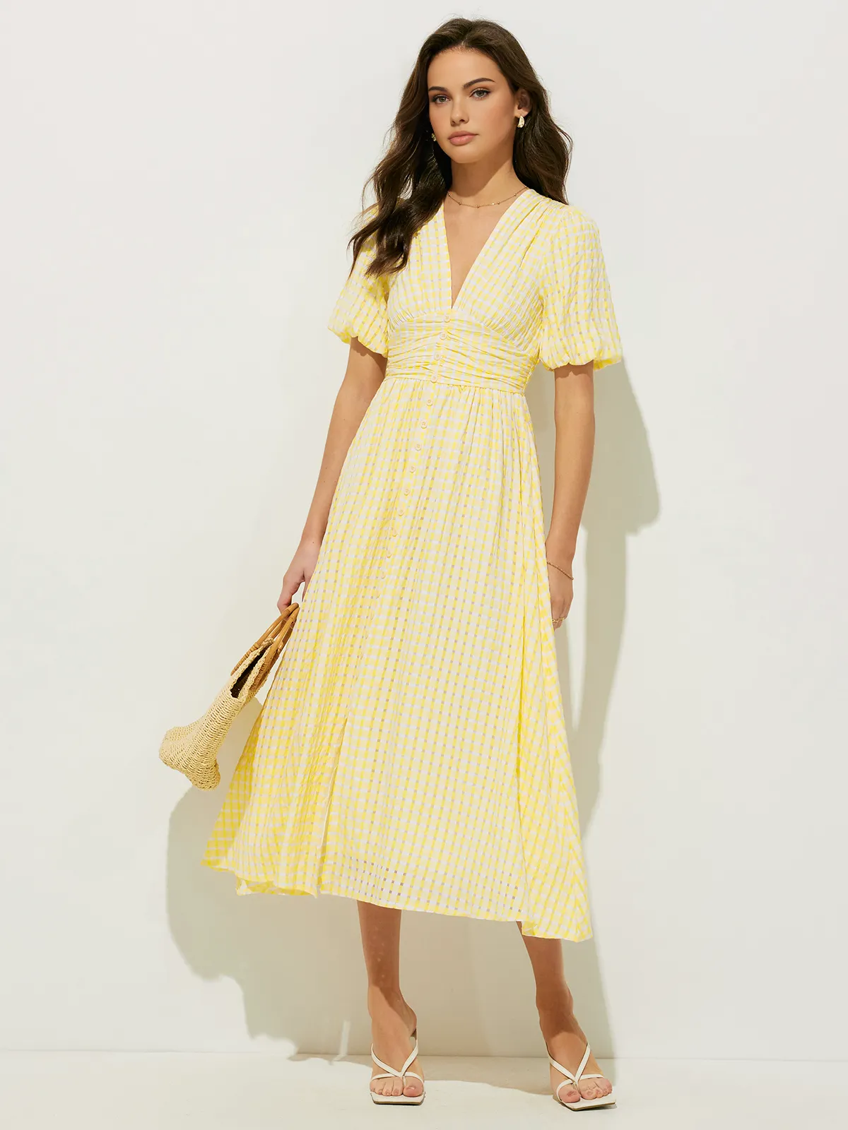 Heidi-Mode | Midi Kleid mit Karomuster und Puffärmeln